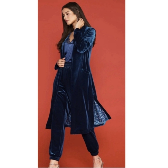 Skies Are Blue Stunning Velvet Longline DusterCoat Vibrant Blue Pockets Rockstar - Picture 15 of 16